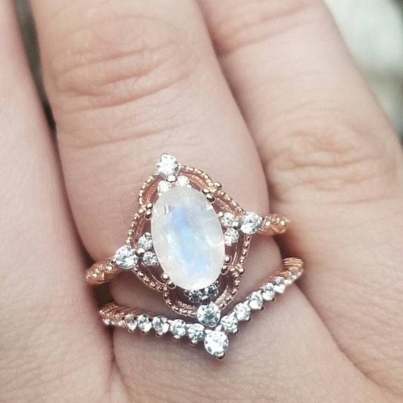 Oval Natural Moonstone Vintage Ring. Two Rings Set - Picture 7 of 14